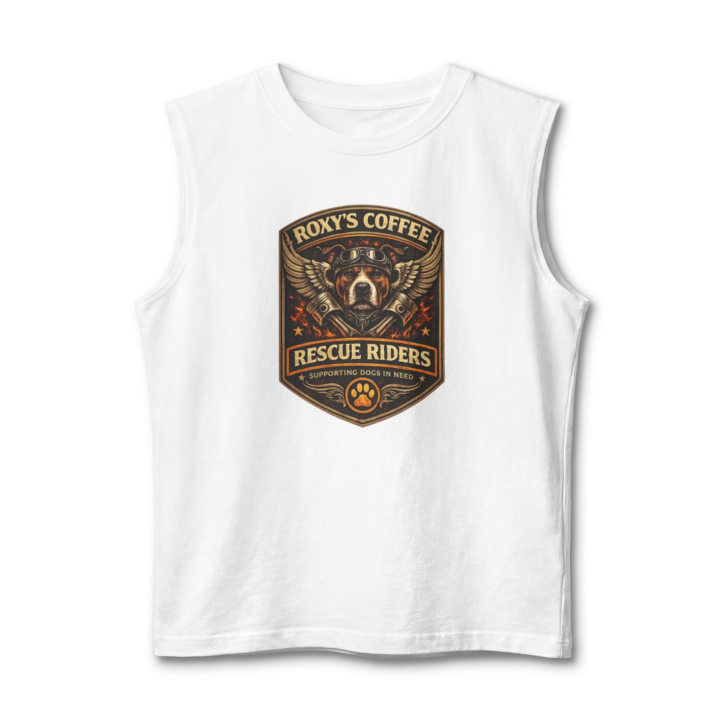 Roxy’s Coffee Rescue Riders Muscle Tank — Vintage Dog & Coffee Shop Logo