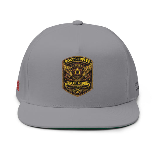 Flat Bill Cap — Roxy's Coffee Rescue Riders Embroidered Patch