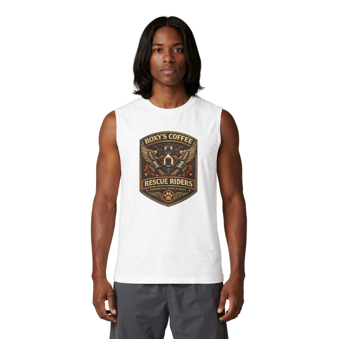Roxy’s Coffee Rescue Riders Muscle Tank — Vintage Dog & Coffee Shop Logo