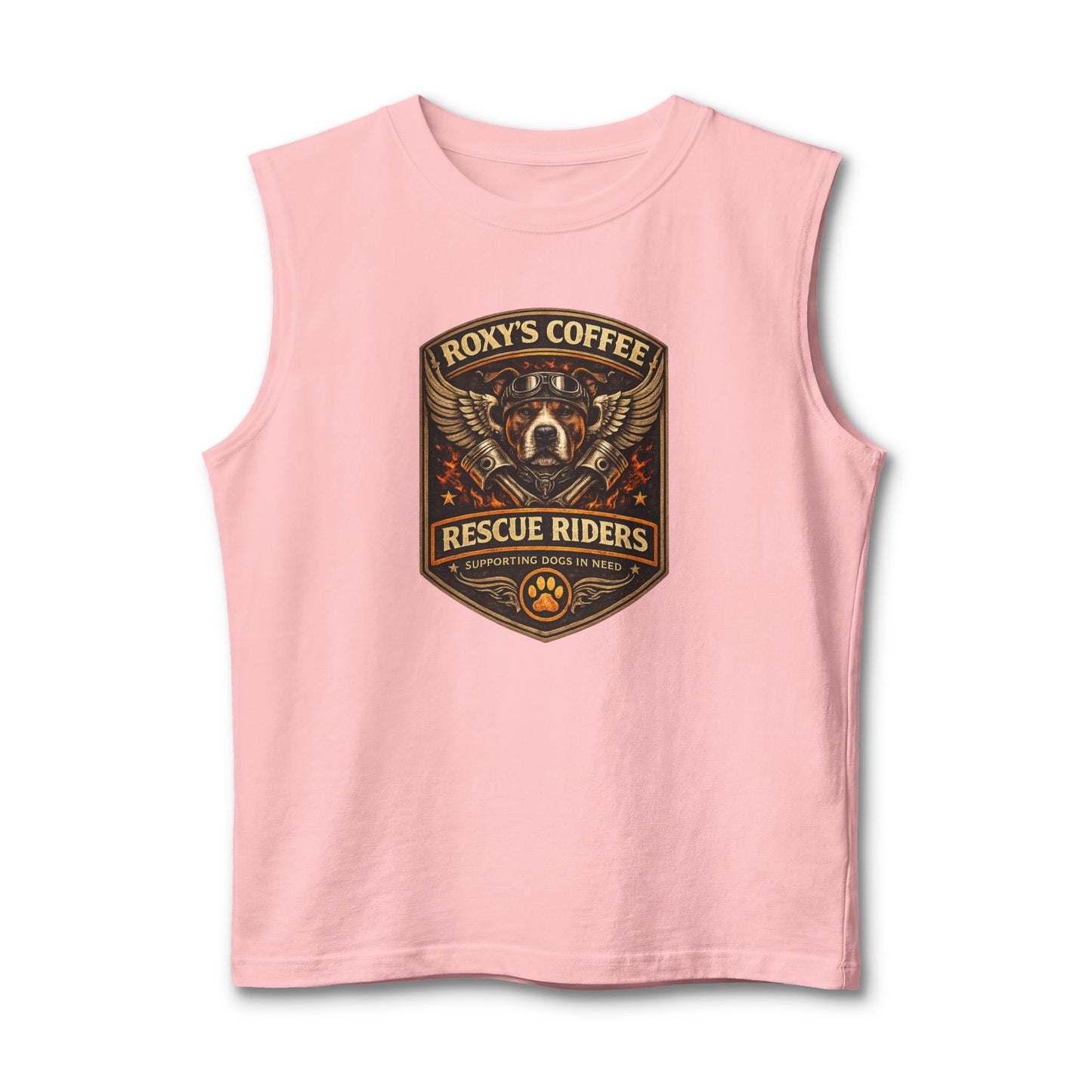 Roxy’s Coffee Rescue Riders Muscle Tank — Vintage Dog & Coffee Shop Logo