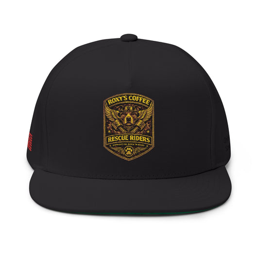 Flat Bill Cap — Roxy's Coffee Rescue Riders Embroidered Patch