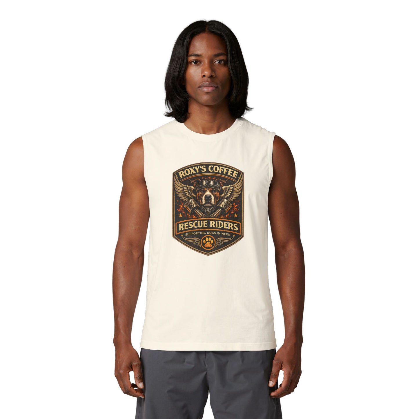 Roxy’s Coffee Rescue Riders Muscle Tank — Vintage Dog & Coffee Shop Logo