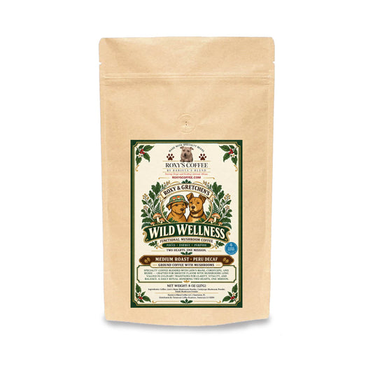 Roxy & Gretchen's Wild Wellness Coffee Infused with Mushrooms - Swiss Water Decaf Sourced from Peru