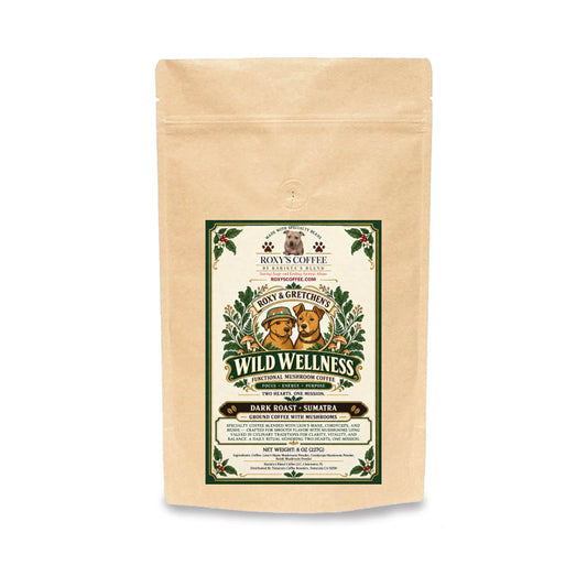 Roxy & Gretchen's Wild Wellness Coffee Infused with Mushrooms - Dark Roast Sourced from Sumatra